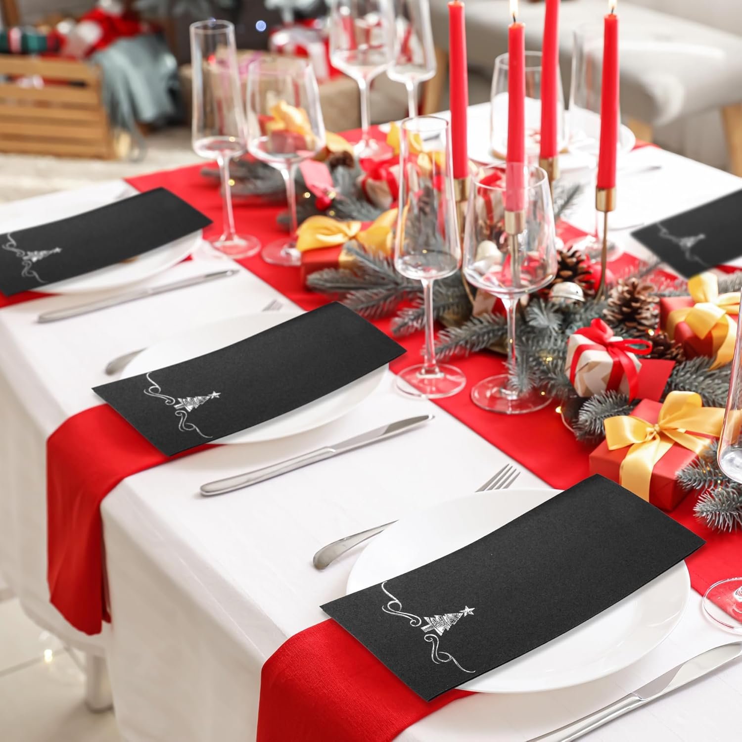 100 Pack Christmas Disposable Guest Napkins 12 x 17 Inch Silver Foil Christmas Trees Napkins Xmas Tree Hand Towels for Bathroom Kitchen Weddings Christmas Holiday Party, Black - Image 7