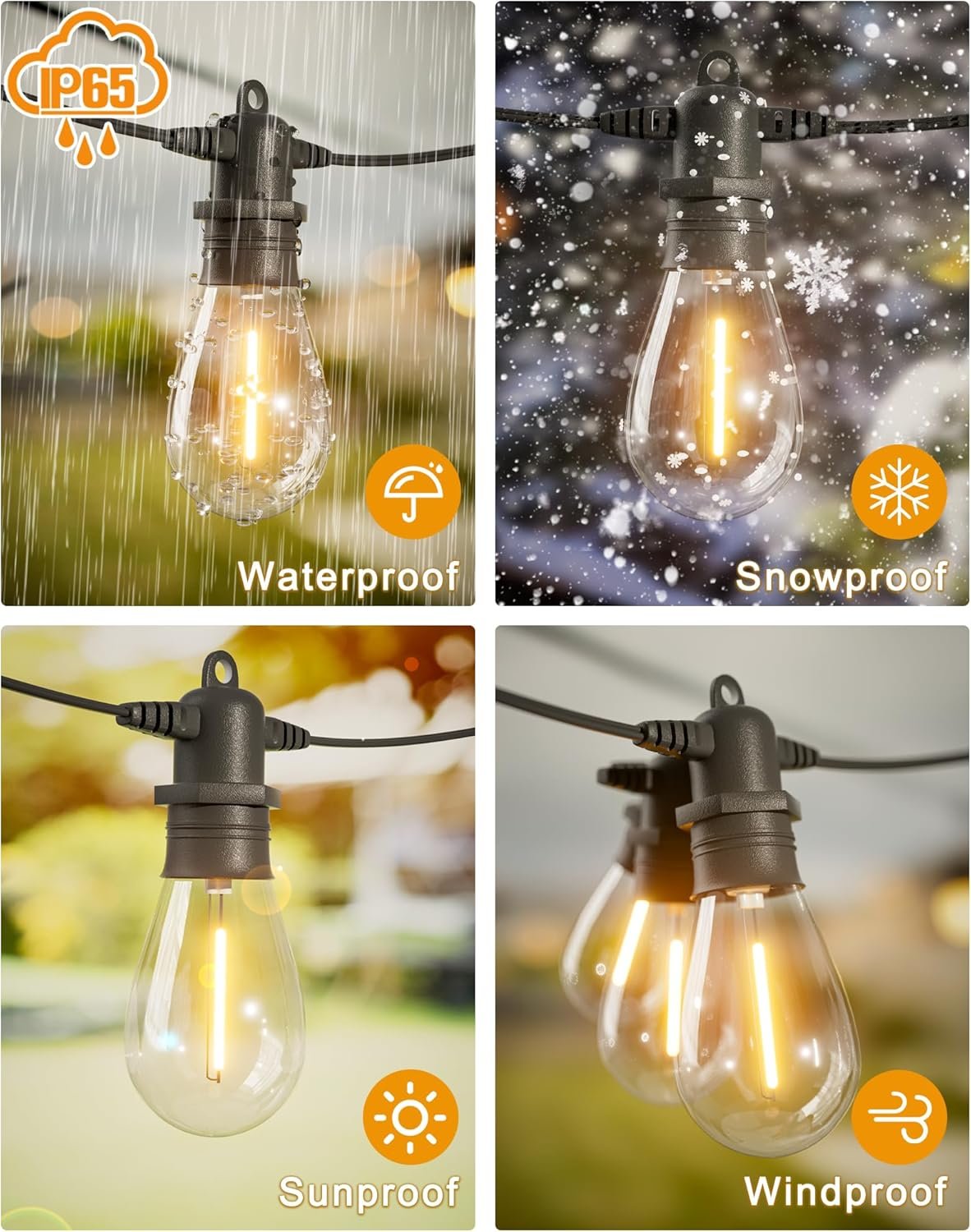 60FT LED Outdoor String Lights with 16+1 Edison Shatterproof IP65 Waterproof Bulbs, 2700K Dimmable Commercial Grade Patio Lights, Heavy Duty Outside Hanging Lights for Garden Porch Deck Decor - Image 4