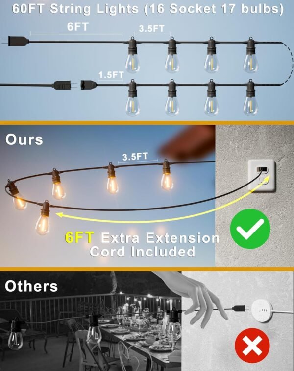 60FT LED Outdoor String Lights with 16+1 Edison Shatterproof IP65 Waterproof Bulbs, 2700K Dimmable Commercial Grade Patio Lights, Heavy Duty Outside Hanging Lights for Garden Porch Deck Decor - Image 6