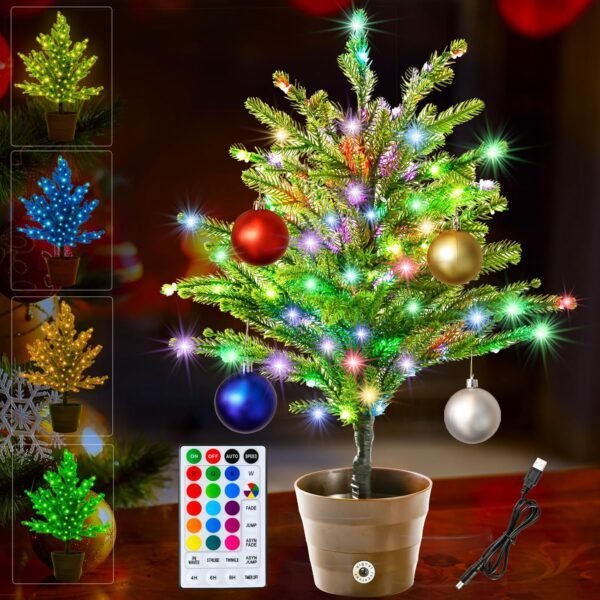 18 Colors Artificial Mini Christmas Tree, 20In Lighted Tabletop Xmas Tree with Color Changing LED Lights, Pre-Lit Small Christmas Tree in Pot Remote Timer Festive Party Holiday Fake Multicolored Tree - Image 2