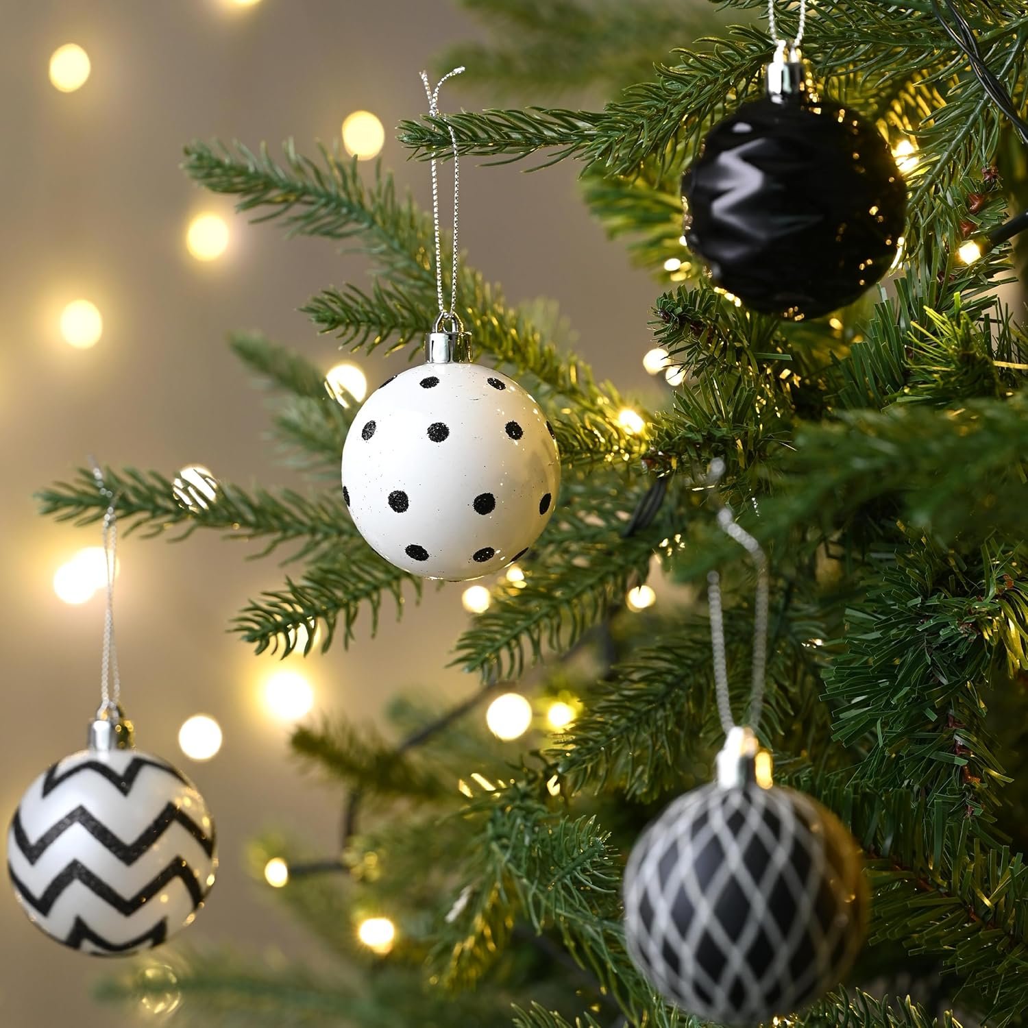 Valery Madelyn Christmas Ornaments Tree Decorations, 30ct Black and White Shatterproof Christmas Ball Ornaments Set, 2.36 Inch Boho Modern Decorative Hanging Ornament Bulk for Xmas Holiday Party Decor - Image 7