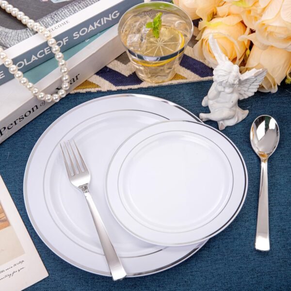 WELLIFE 600 Pcs Sliver Disposable Plates for 100 Guests, Plastic Plates for Party, Dinnerware Set of 100 Dinner Plates, 100 Salad Plates, 100 Spoons, 100 Forks, 100 Knives, 100 Cups - Image 6