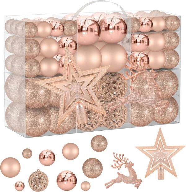 102PCS Assorted Rose Gold Christmas Ornaments, Christmas Balls Ornaments,Xmas Tree Ornaments,Plastic Shatterproof Christmas Ornaments,Christmas Tree Decorations Set - Image 2