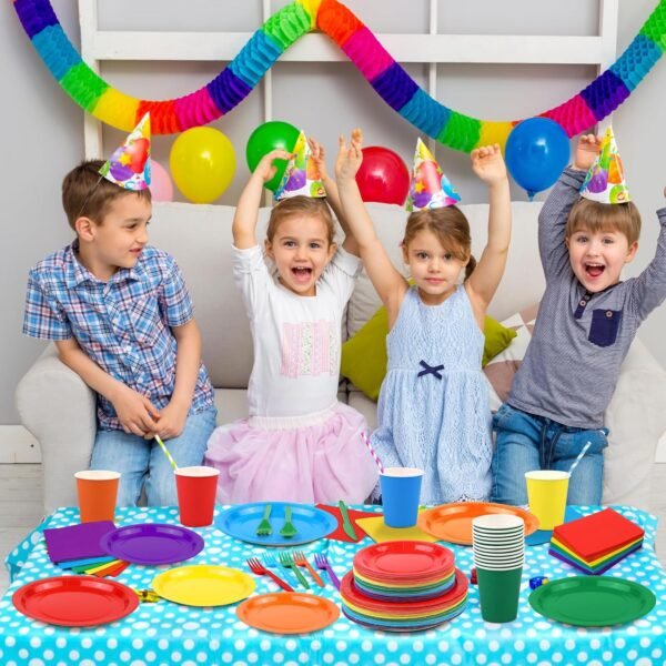 durony 504 Pieces Rainbow Disposable Party Tableware Set Serves 72 Guests 7" & 9" Rainbow Paper Plate 9oz Paper Cups Paper Napkins Plastic Cutlery Rainbow Party Decorations Neon Party Supplies - Image 7
