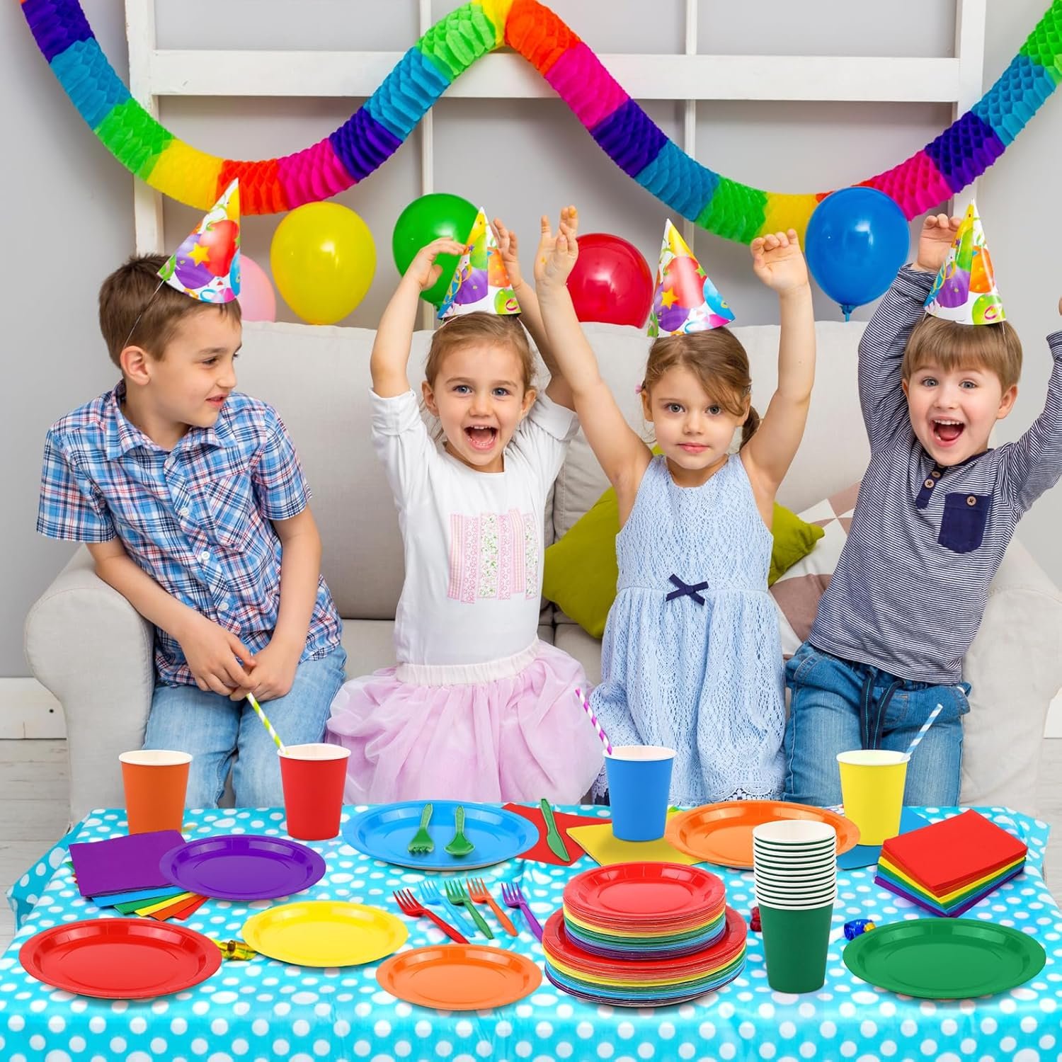 durony 504 Pieces Rainbow Disposable Party Tableware Set Serves 72 Guests 7" & 9" Rainbow Paper Plate 9oz Paper Cups Paper Napkins Plastic Cutlery Rainbow Party Decorations Neon Party Supplies - Image 7