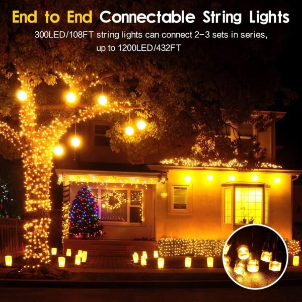 Techip 300 LED Christmas Lights Outdoor, Warm White Christmas Tree Lights Outside Waterproof Twinkle Lights Green Wire Connectable Plug in Christmas String Lights Indoor 108FT 8 Modes for House Decor - Image 3