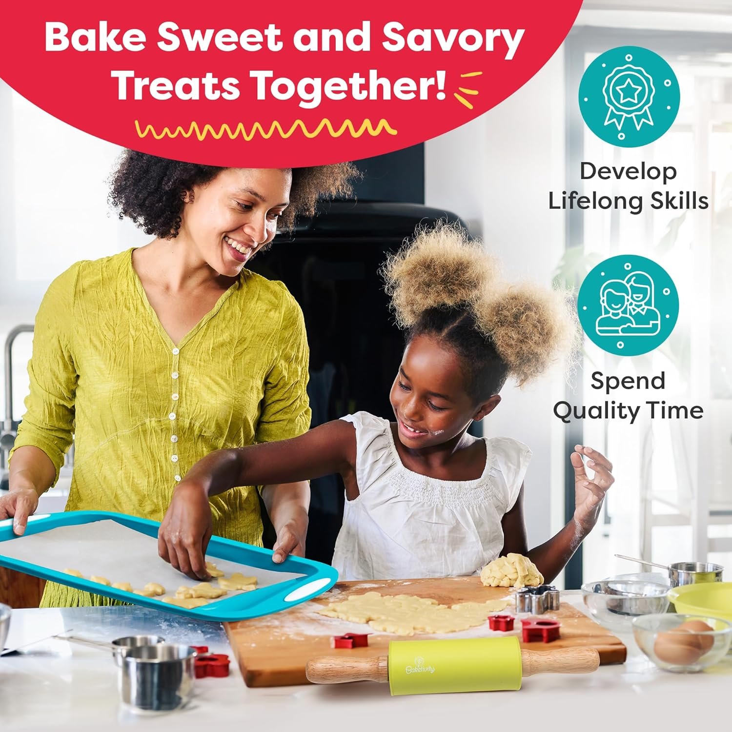 Baketivity Cookie Cutter Set For Kids, 24 Assorted Cookie Cutters of Basic Shapes, Seasonal, and Holiday Themes - With Rolling Pin, Silicone Baking Pan, and Non-Stick Baking Mat - BPA-Free - Ages 4+ - Image 7