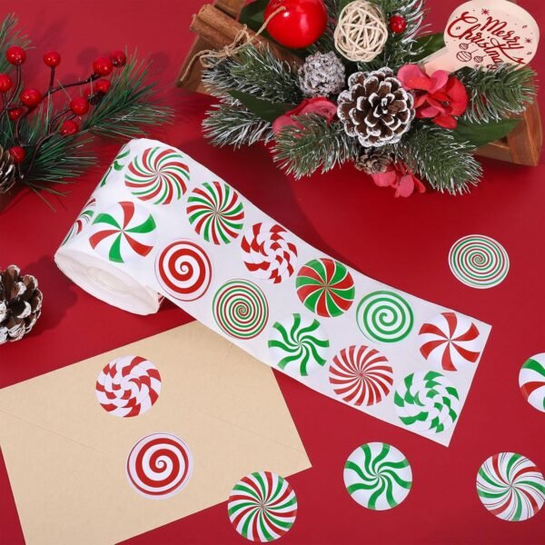 Whaline 1000Pcs Christmas Stickers Roll Candy Theme Decals 16 Designs Red Green Sweet Xmas Adhesive Decorative Round Seal Stickers for Gift Greeting Card Party Supplies - Image 4