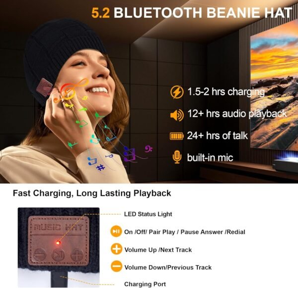 Bluetooth Beanie,Music Hat with Wireless Headphones,Built-in Microphone, Unique Tech Gift for Christmas Stocking Stuffer - Image 3
