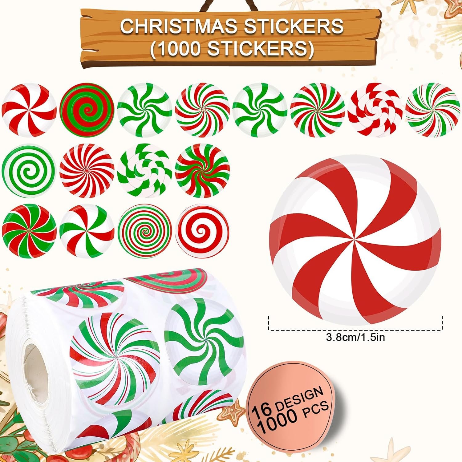 Whaline 1000Pcs Christmas Stickers Roll Candy Theme Decals 16 Designs Red Green Sweet Xmas Adhesive Decorative Round Seal Stickers for Gift Greeting Card Party Supplies - Image 3