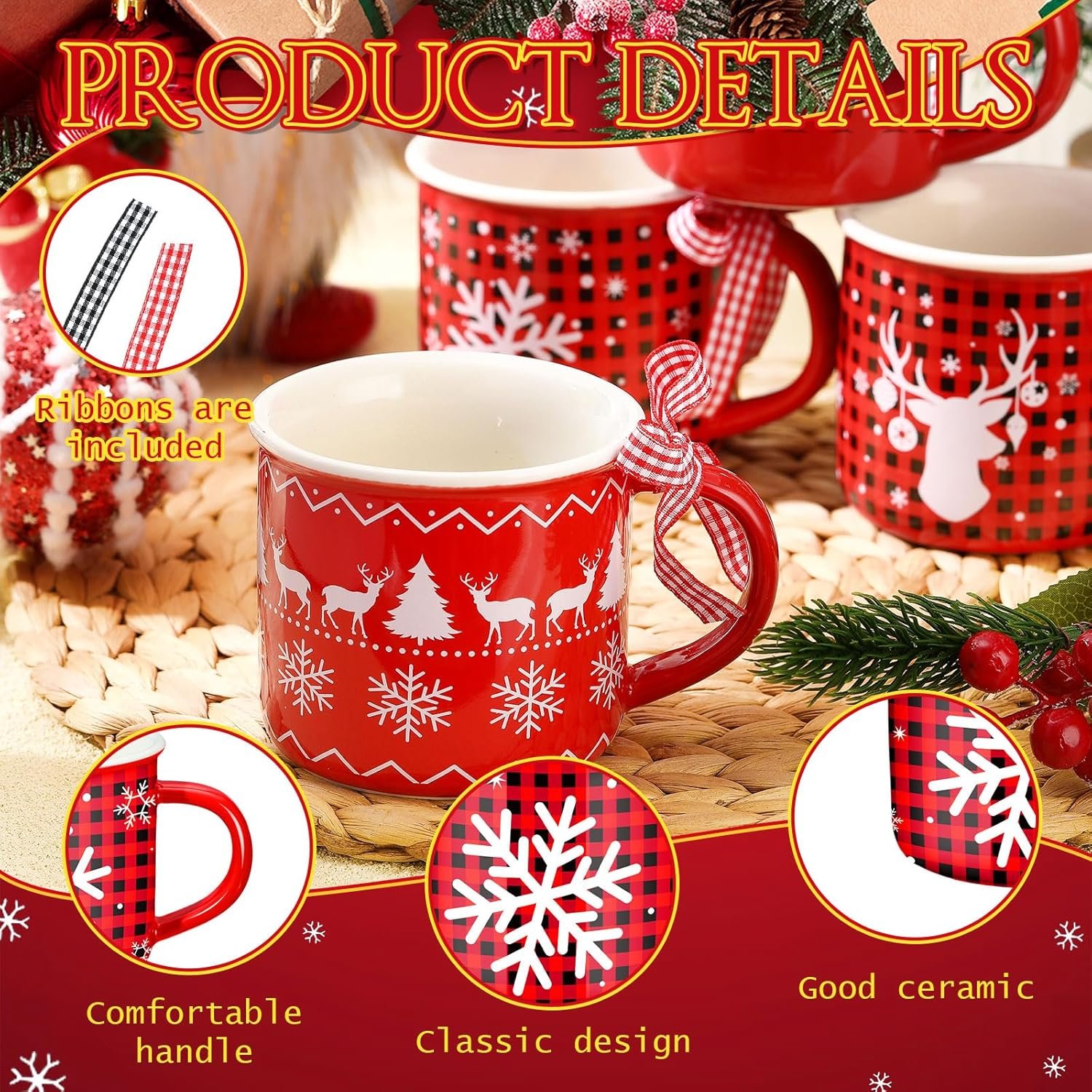 Baderke 12 Pcs Ceramic Christmas Plaid Mug with Ribbon 11 oz Christmas Coffee Mugs Santa Winter Hot Cocoa Design Coffee Mug Holiday Mugs for Christmas Centerpieces Decorations Housewarming Gift - Image 4