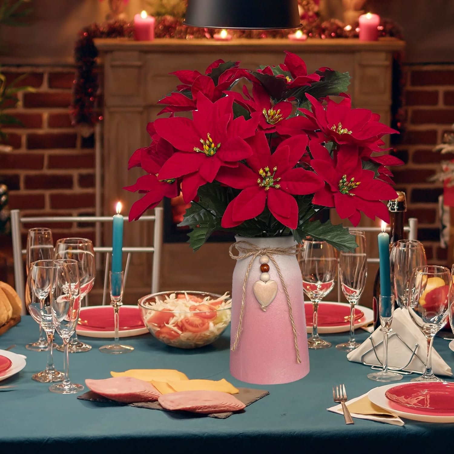 Artificial Poinsettia Christmas Flower Arrangement in Pink Vase, Festive Red Faux Flowers with Heart Charm for Home, Office & Holiday Décor - Image 4