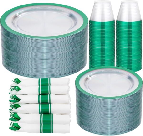 I00000 350 Pcs Green Plastic Plates-Christmas Dinnerware Set for Party,Include 50 Dinner Plates 10.25’’,50 Dessert Plates 7.5’’,50 Plastic Cups 9 OZ,50 Per Rolled Napkins with Cutlery for Xmas Dinner - Image 2