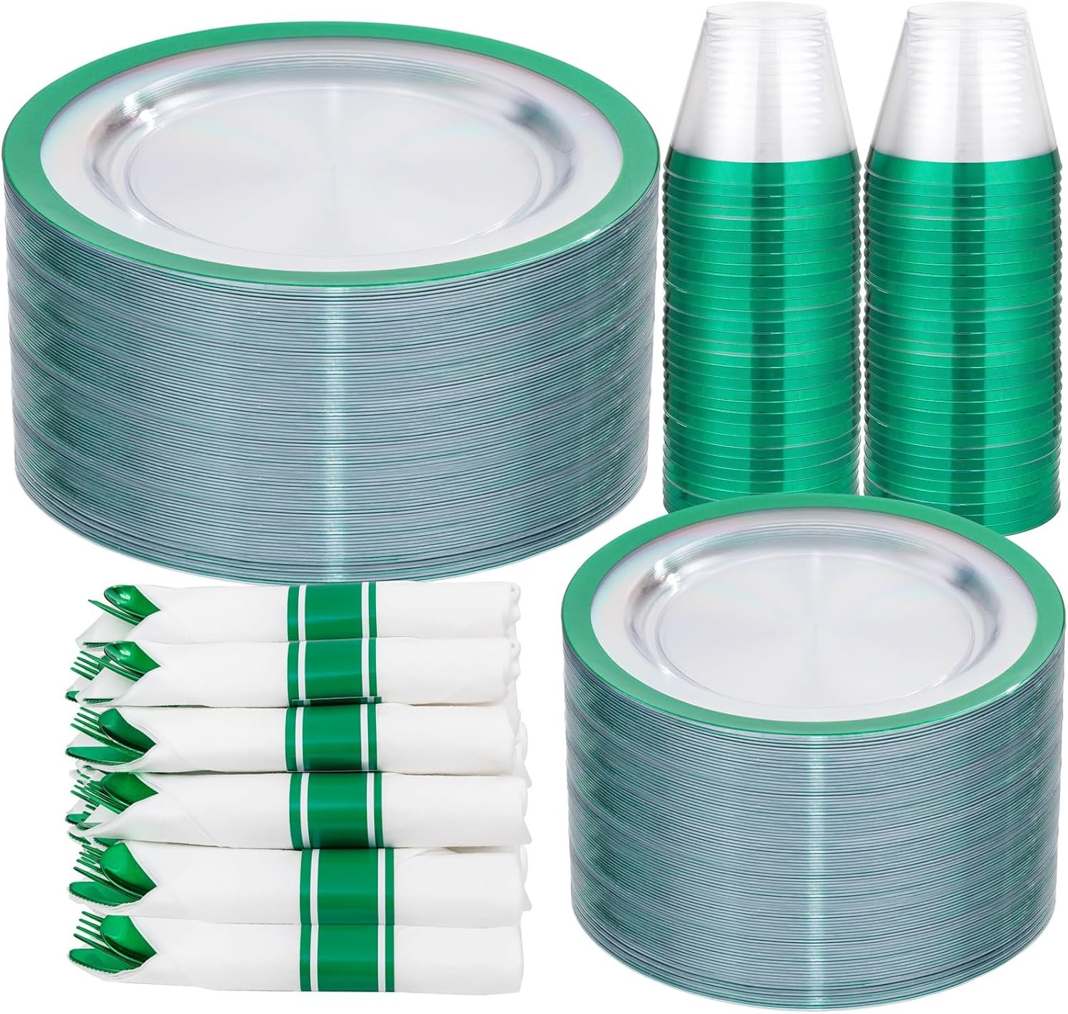 I00000 350 Pcs Green Plastic Plates-Christmas Dinnerware Set for Party,Include 50 Dinner Plates 10.25’’,50 Dessert Plates 7.5’’,50 Plastic Cups 9 OZ,50 Per Rolled Napkins with Cutlery for Xmas Dinner - Image 2