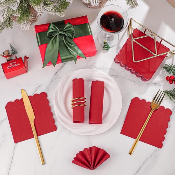 120 Pcs Red Napkins,Scalloped Red Cocktail Napkins Disposable Beverage Napkins Red Paper Napkins for Christmas Birthday Wedding Baby Shower, 5 x 5 Inch - Image 6