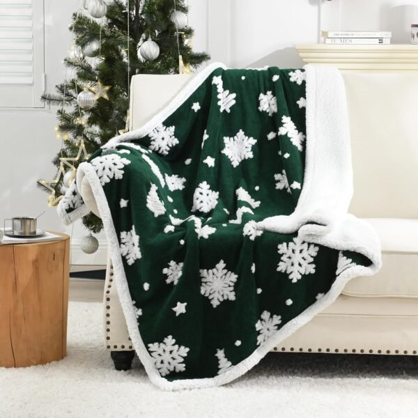 Ultra Soft Cozy Christmas Sherpa Throw Blanket,Snowflake Xmas Tree Pattern Jacquard Craft, Lightweight Warm Decorative Holiday Throw Blanket Cover for Couch, Bedroom,Travel, Outdoor, Green,50”x60” - Image 2