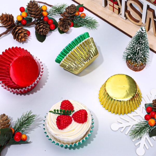 Whaline 150Pcs Christmas Foil Cupcake Liners Red Green Gold Foil Metallic Cupcake Wrappers Muffin Liners for Christmas Holiday Party Supplies Table Decor - Image 5