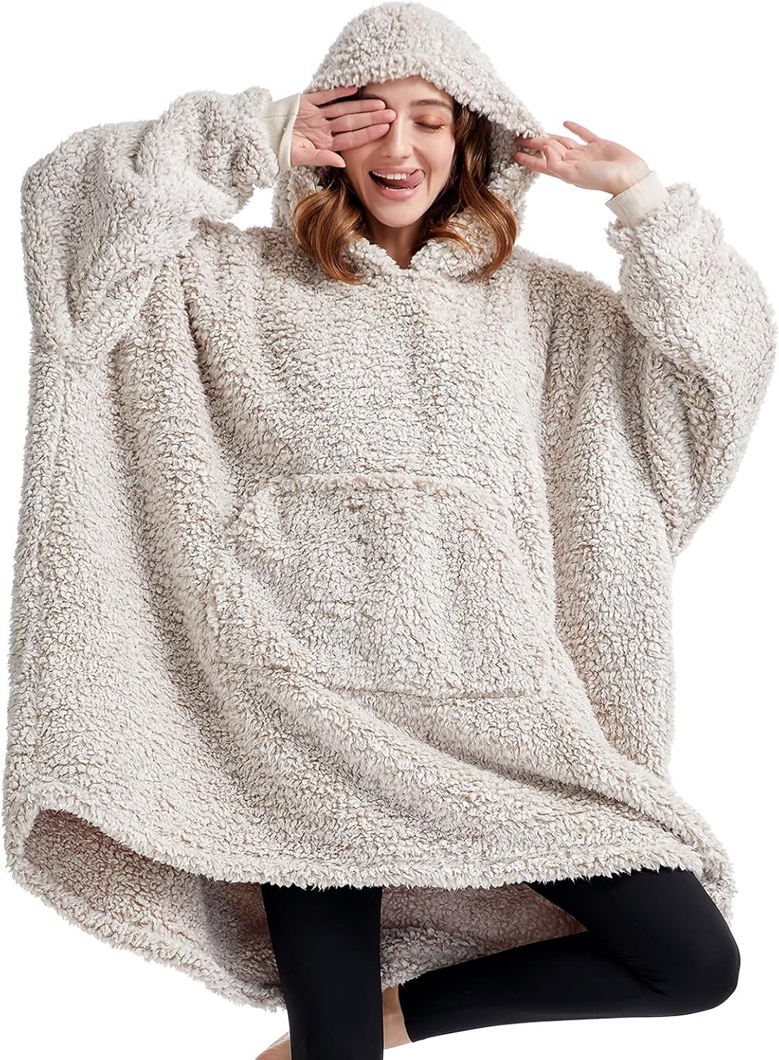 HORIMOTE HOME Cozy Sherpa Wearable Snuggle Blanket Hoodie for Adults Women Men Kids Gift Idea, Super Warm Lightweight Oversized Blanket Sweatshirt, Light Brown - Image 2