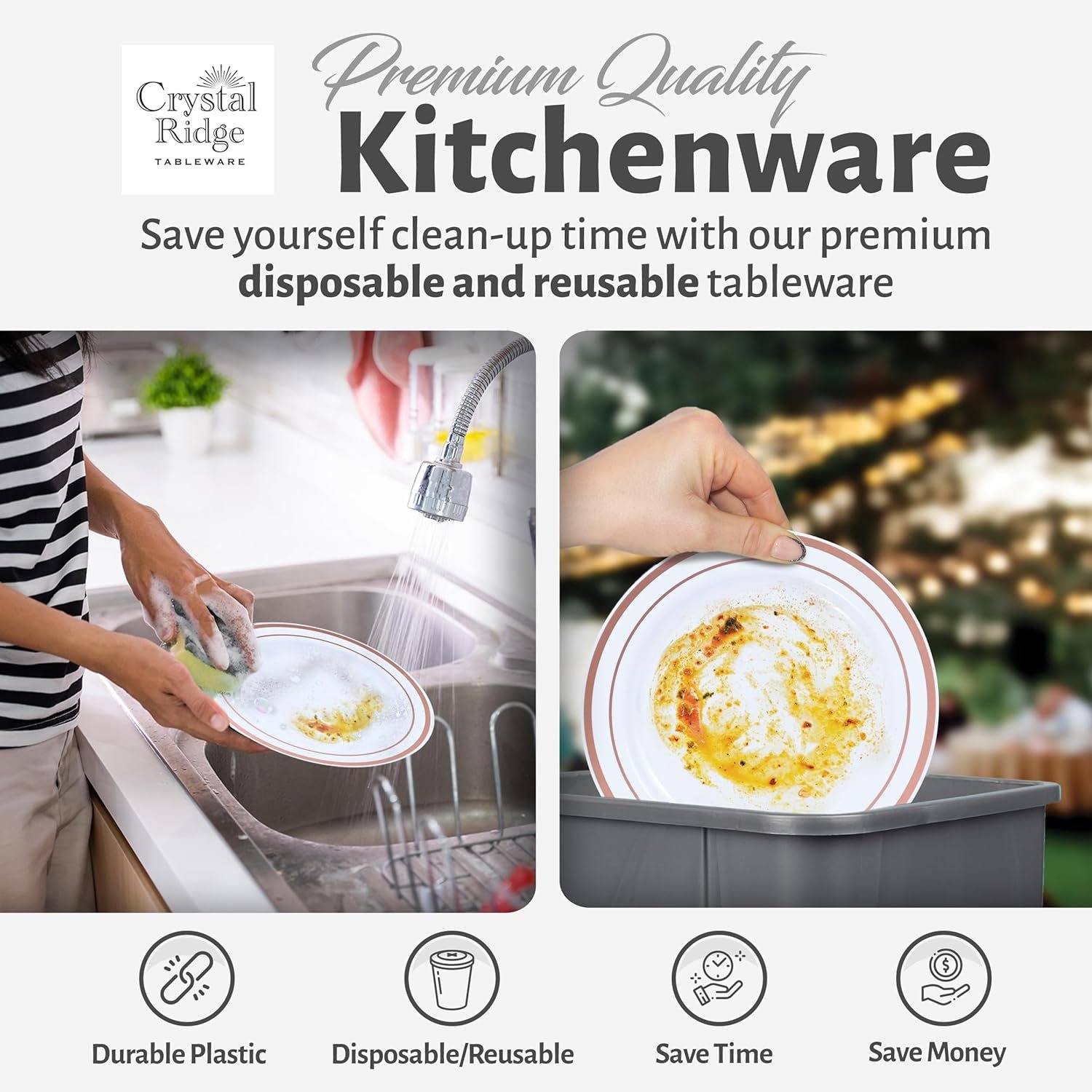 60-Piece Plastic Plates Set Premium 30 Dinner Plates & 30 Salad Plates Pack, Disposable Plates for Party - White Plastic Wedding Plates with Rose Gold Rim - Image 5