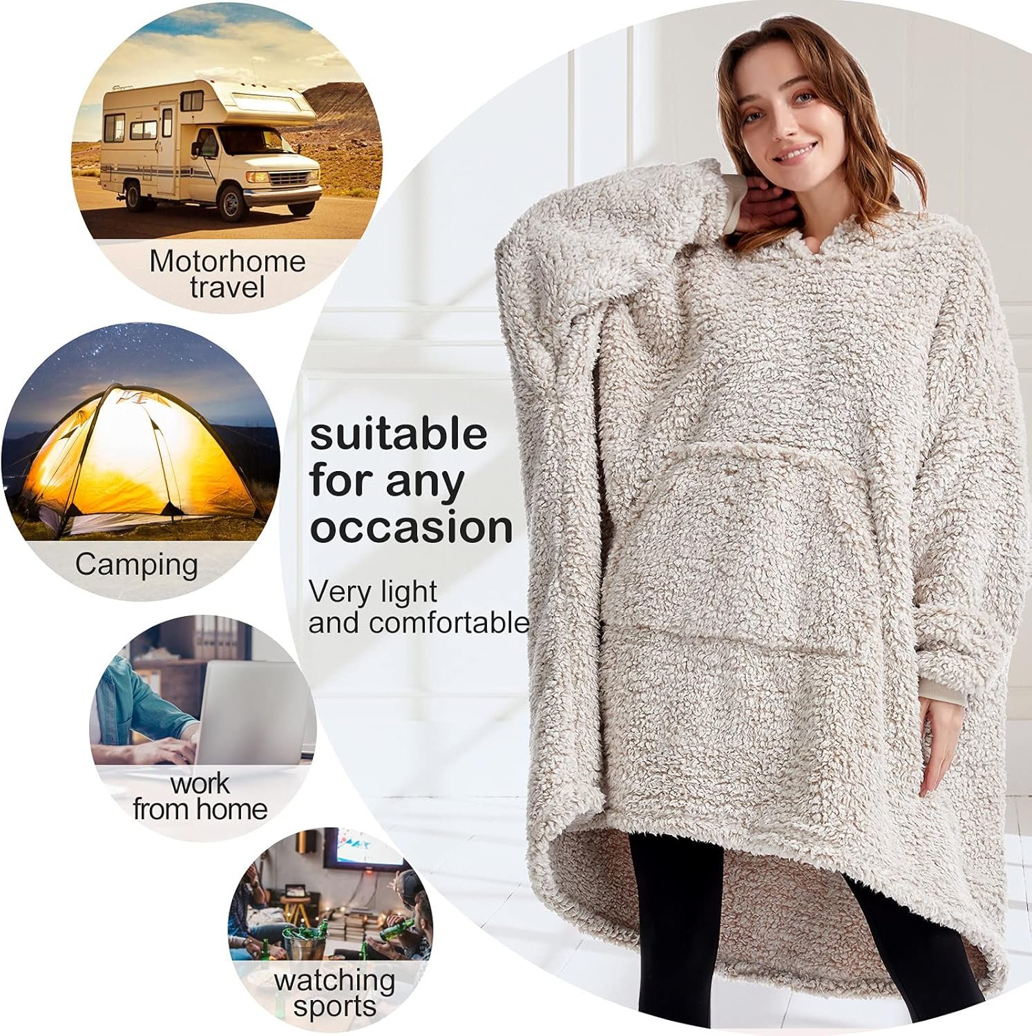 HORIMOTE HOME Cozy Sherpa Wearable Snuggle Blanket Hoodie for Adults Women Men Kids Gift Idea, Super Warm Lightweight Oversized Blanket Sweatshirt, Light Brown - Image 4