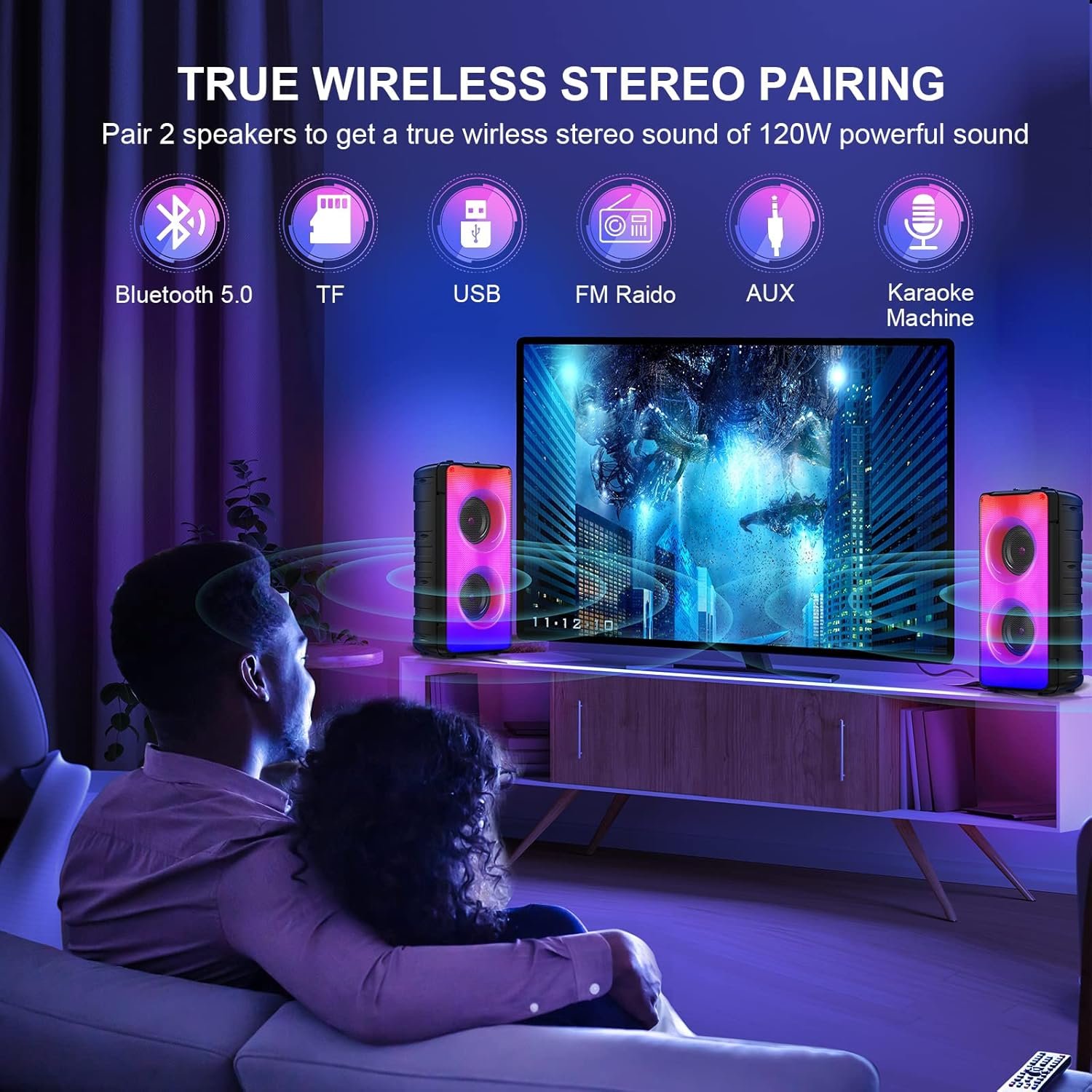 Bluetooth Speakers, 60W(80W Peak) Portable Loud Wireless Stereo Speaker with Rich Bass, Bluetooth 5.0, FM Radio, Colorful Light, TWS Pairing, EQ, 10000mAh Battery, Outdoor Speaker for Home Party Gift - Image 5