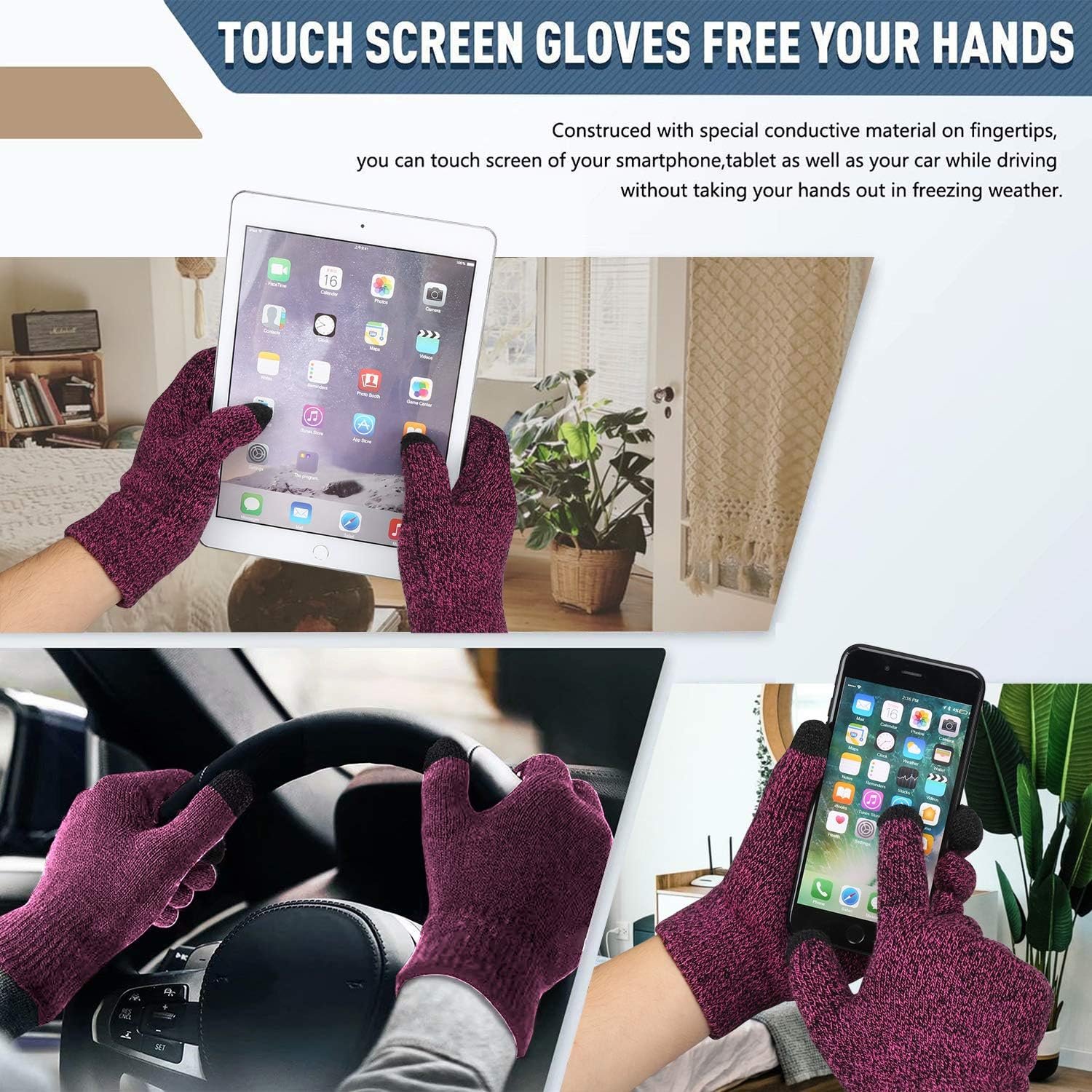 Winter Beanie Hat Scarf Touchscreen Gloves Set for Men and Women, Beanie Gloves Neck Warmer Set with Warm Knit Fleece Lined - Image 5