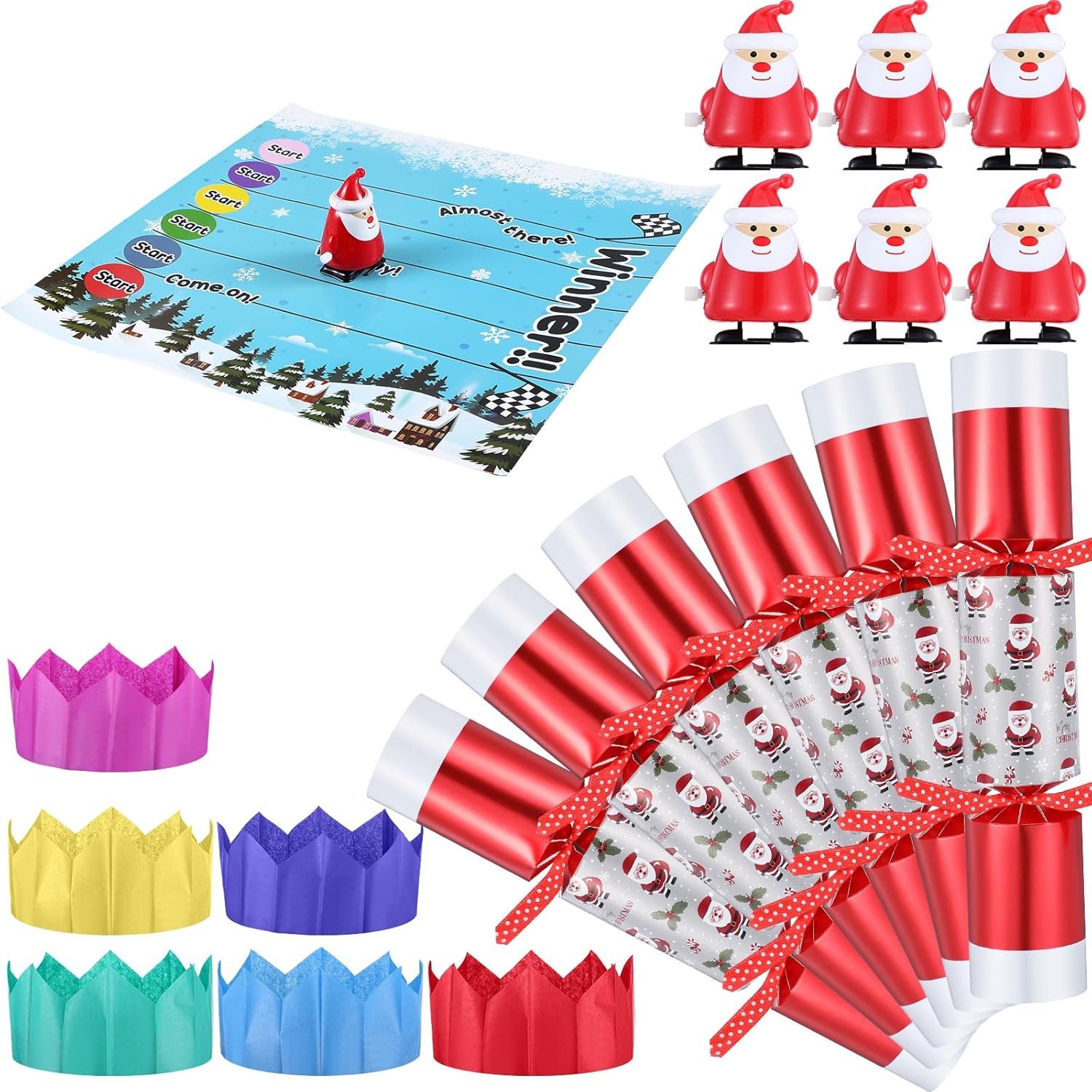 6 Packs Christmas Party Table Favors Christmas No Snap Party Favors Christmas Crackers with Wind up Toy Paper Hat Xmas Holiday Table Favor Supplies Xmas Racing Game for Adults (Santa) - Image 2