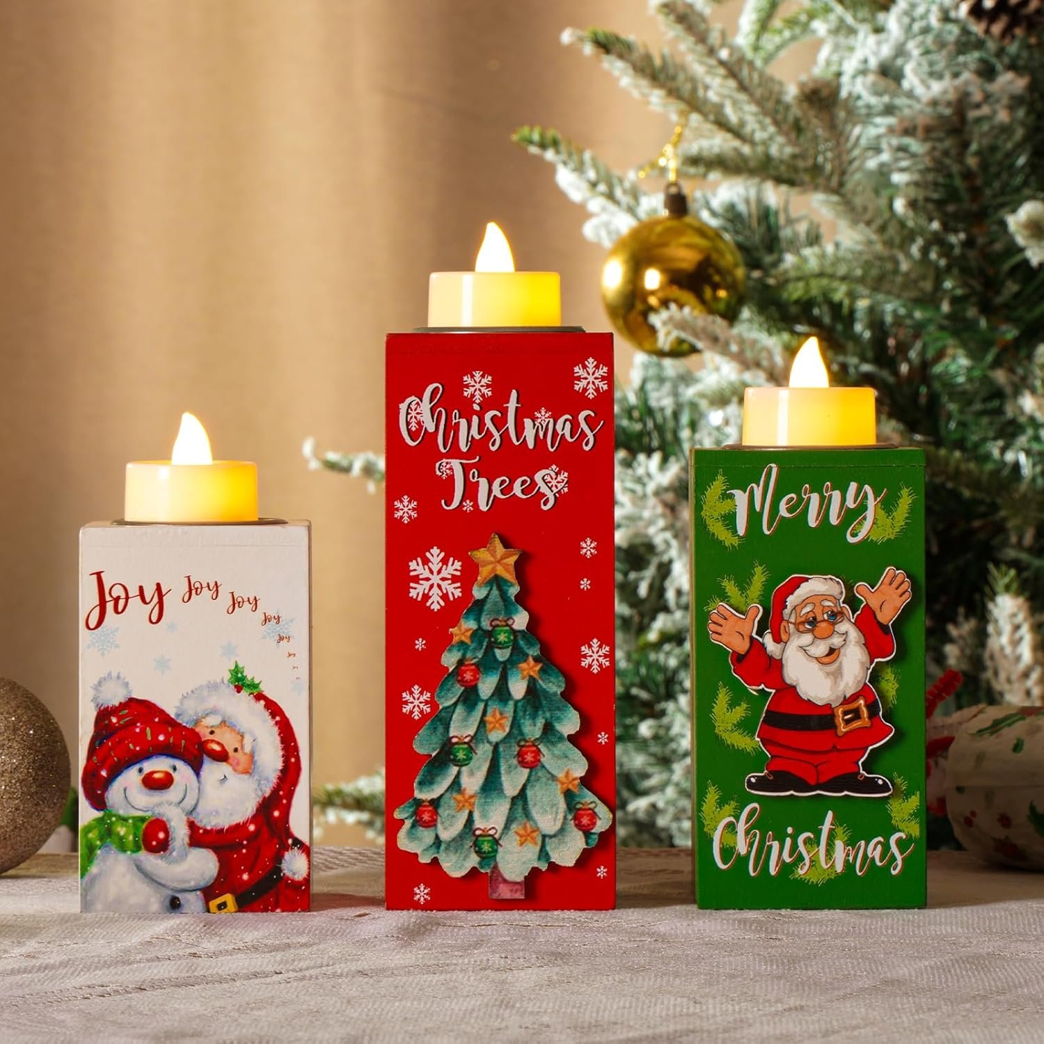 3Pcs Christmas Candle Holders with Battery Operated Tea Lights Candles, Flameless Candles with Wooden Candles Holder, Tealight Candle Holder for Christmas Tabletop Decorations/Gifts - Image 8