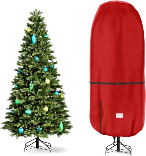 Upright Christmas Tree Storage Cover,Tear Resistant Adjustable 7.5 FT Xmas Tree Storage Bag for Artificial Tree Standing with Ornaments,Fabrics Christmas Tree Cover, Dustproof (Red) - Image 2