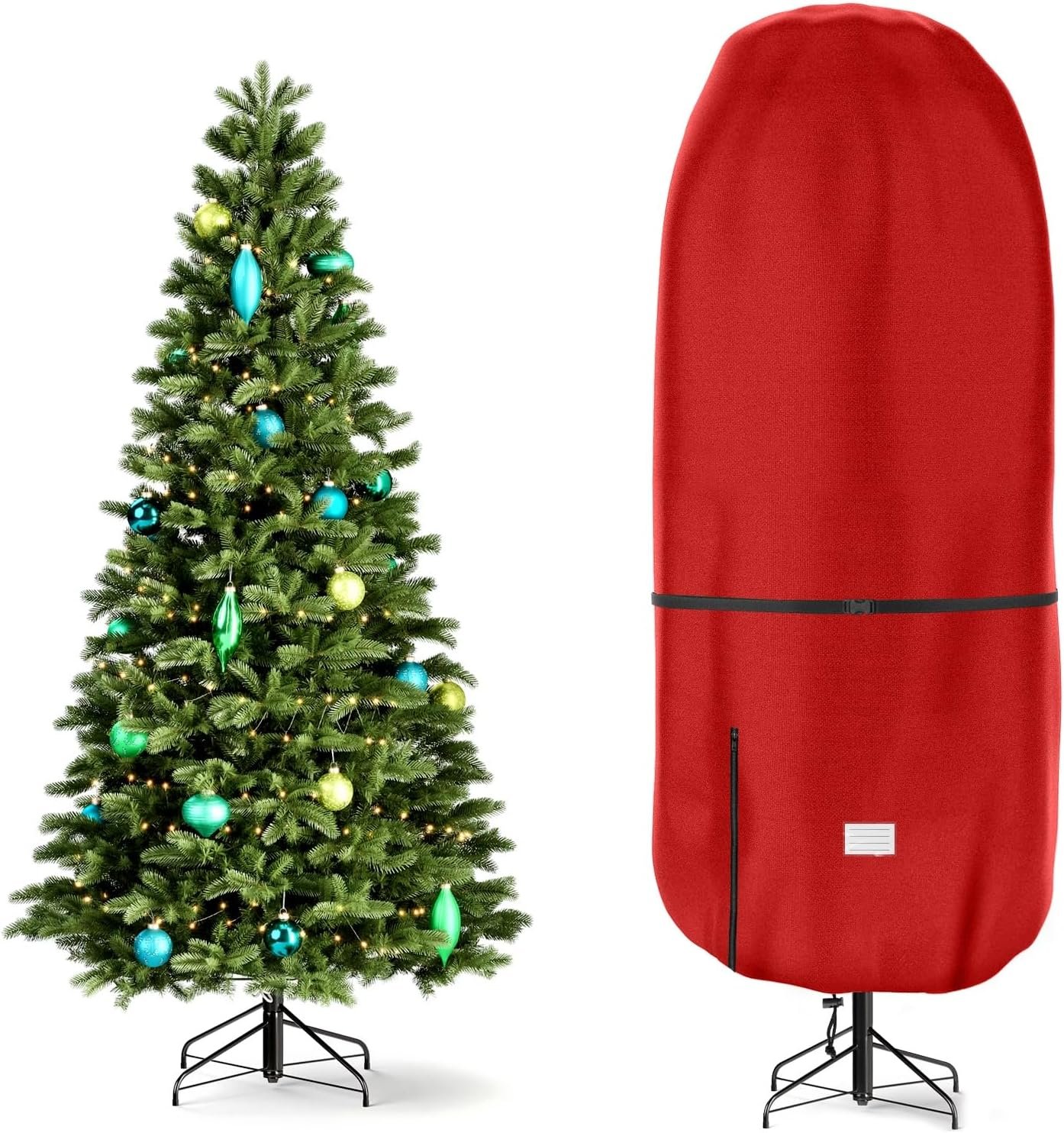 Upright Christmas Tree Storage Cover,Tear Resistant Adjustable 7.5 FT Xmas Tree Storage Bag for Artificial Tree Standing with Ornaments,Fabrics Christmas Tree Cover, Dustproof (Red) - Image 2