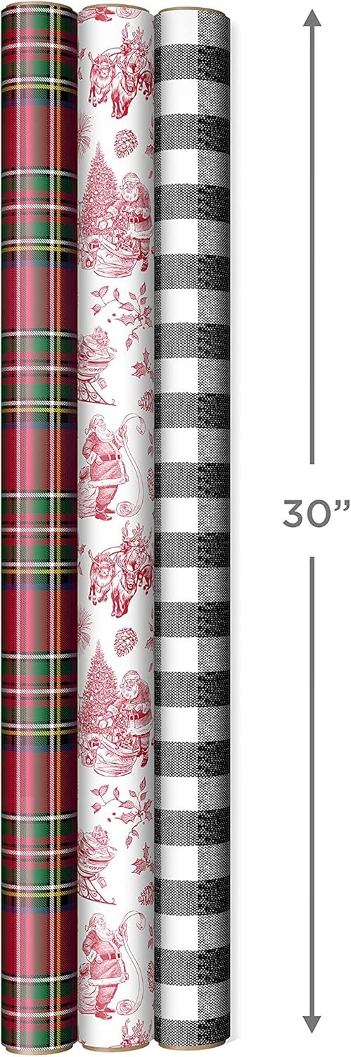 Hallmark Holiday Plaid Wrapping Paper with Cutlines and Optional DIY Bow Templates on Reverse (3-Pack: 120 Sq. Ft. Ttl) Red Toile, Black Buffalo Check, Plaid for Christmas, Birthdays, Weddings, Crafts - Image 4