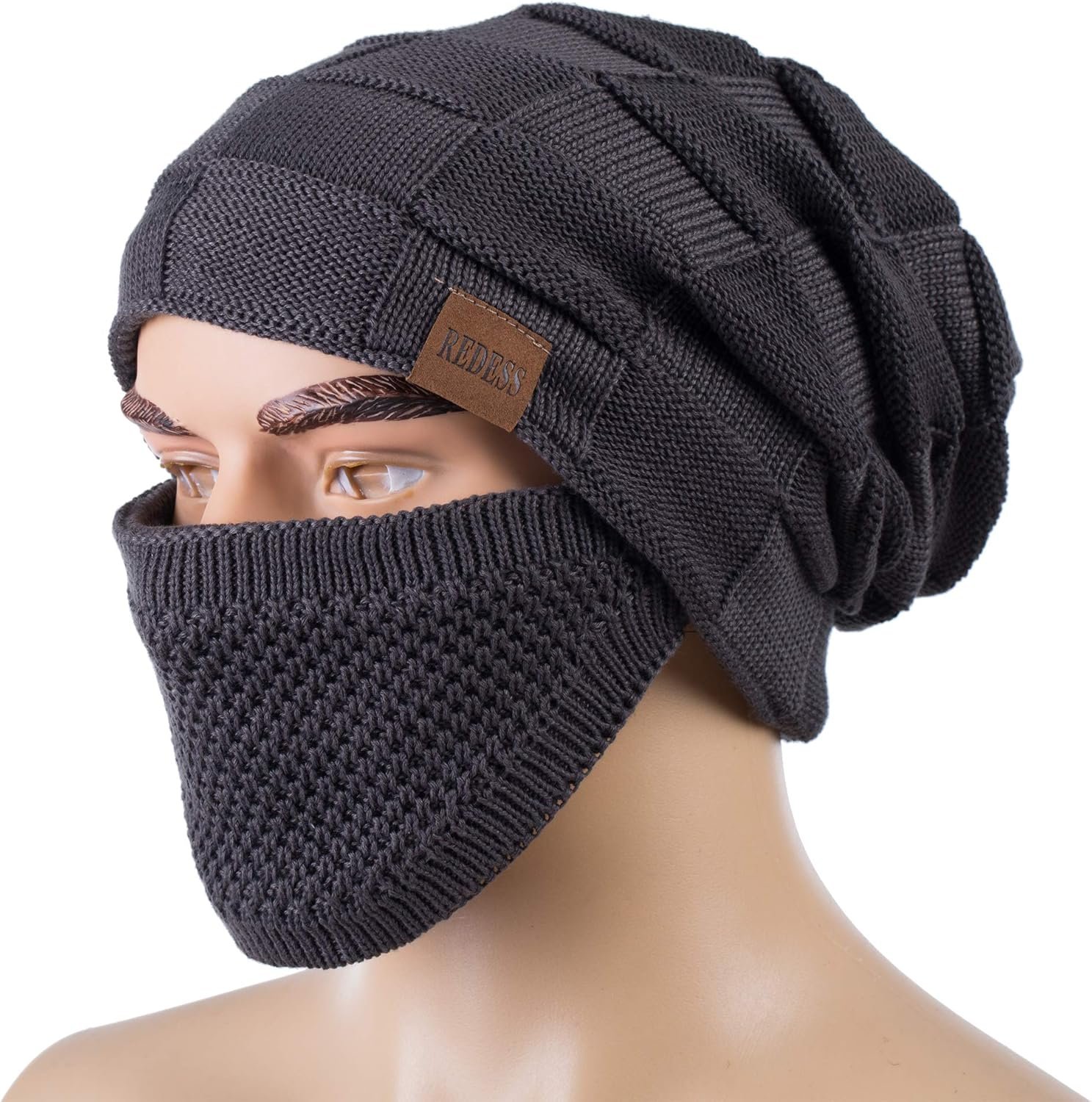 REDESS Beanie Hat for Men and Women Winter Warm Hats Knit Slouchy Thick Skull Cap with Face Cover - Image 3