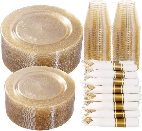 DaYammi 350 Pieces Gold Glitter Dinnerware Set 50 Guest for party- 50 Dinner Plates, 50 Dessert Plates -50 Per Rolled Napkins with Gold Cutlery - 50 Disposable Cups 9 OZ - Image 2