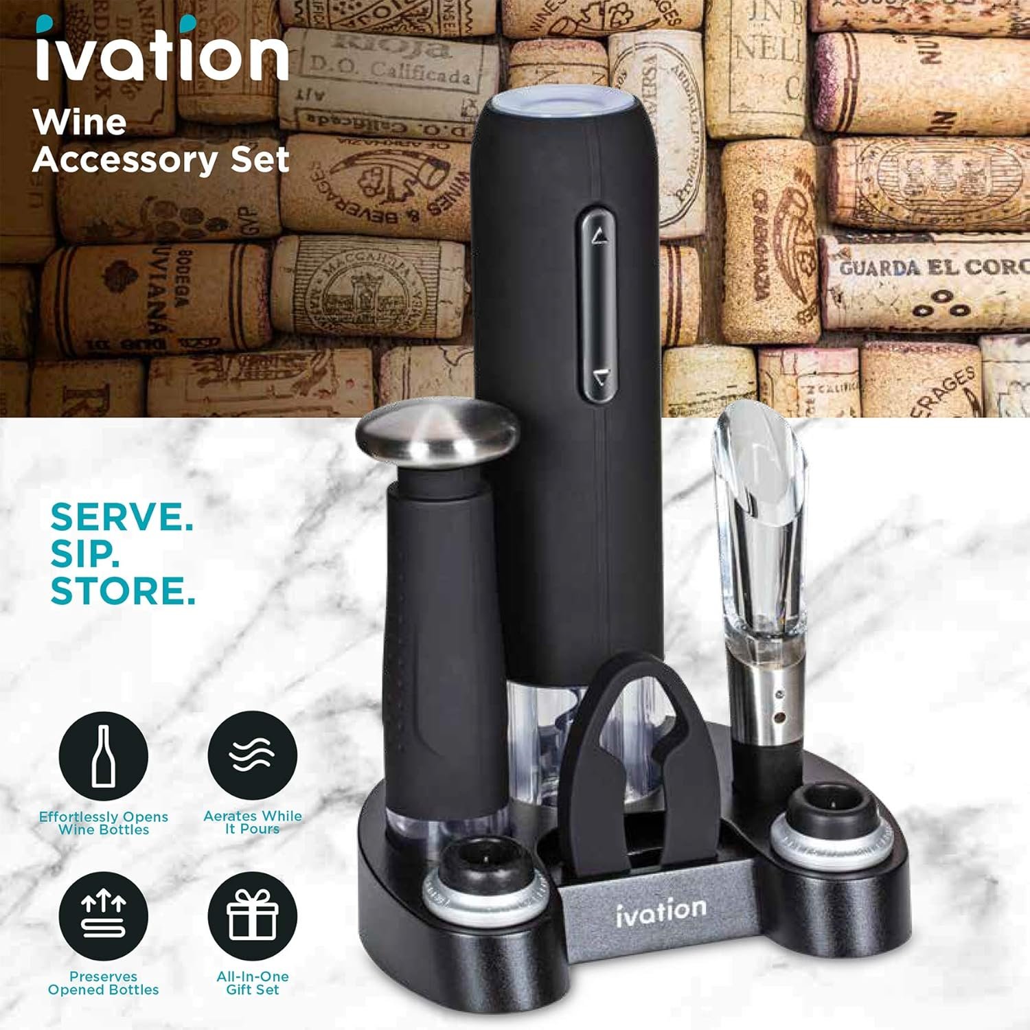 Ivation Wine Gift Set, Includes Electric Wine Bottle Opener, Wine Aerator, Vacuum Wine Preserver, 2 Bottle Stoppers, Foil Cutter & Charging Base - Image 6