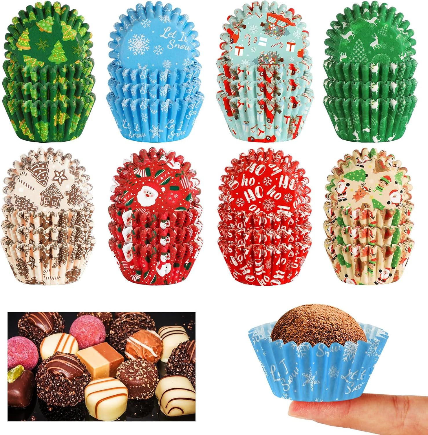 AUGSUN 800pcs Christmas Cupcake Liners Paper Candy Cups Santa Claus Snowman Snowflake Mini Muffin Liners for Xmas Holiday Party Cake Candy Truffles Chocolate Making Supplies(8 Designs) - Image 2