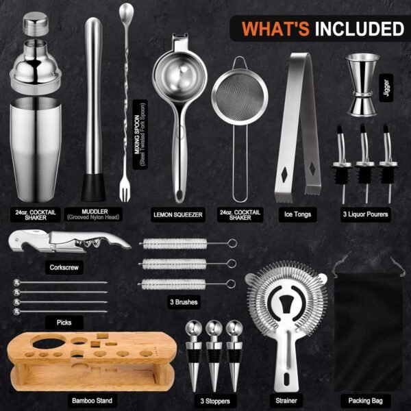 24-Piece Cocktail Shaker Bartender Kit with Stand, 24 oz Martini Shaker, Mixing Spoon, Muddler, Measuring Jigger, Lemon Squeez, Tongs, Corkscrew, Liquor Pourers and More Professional Bar Tools - Image 3