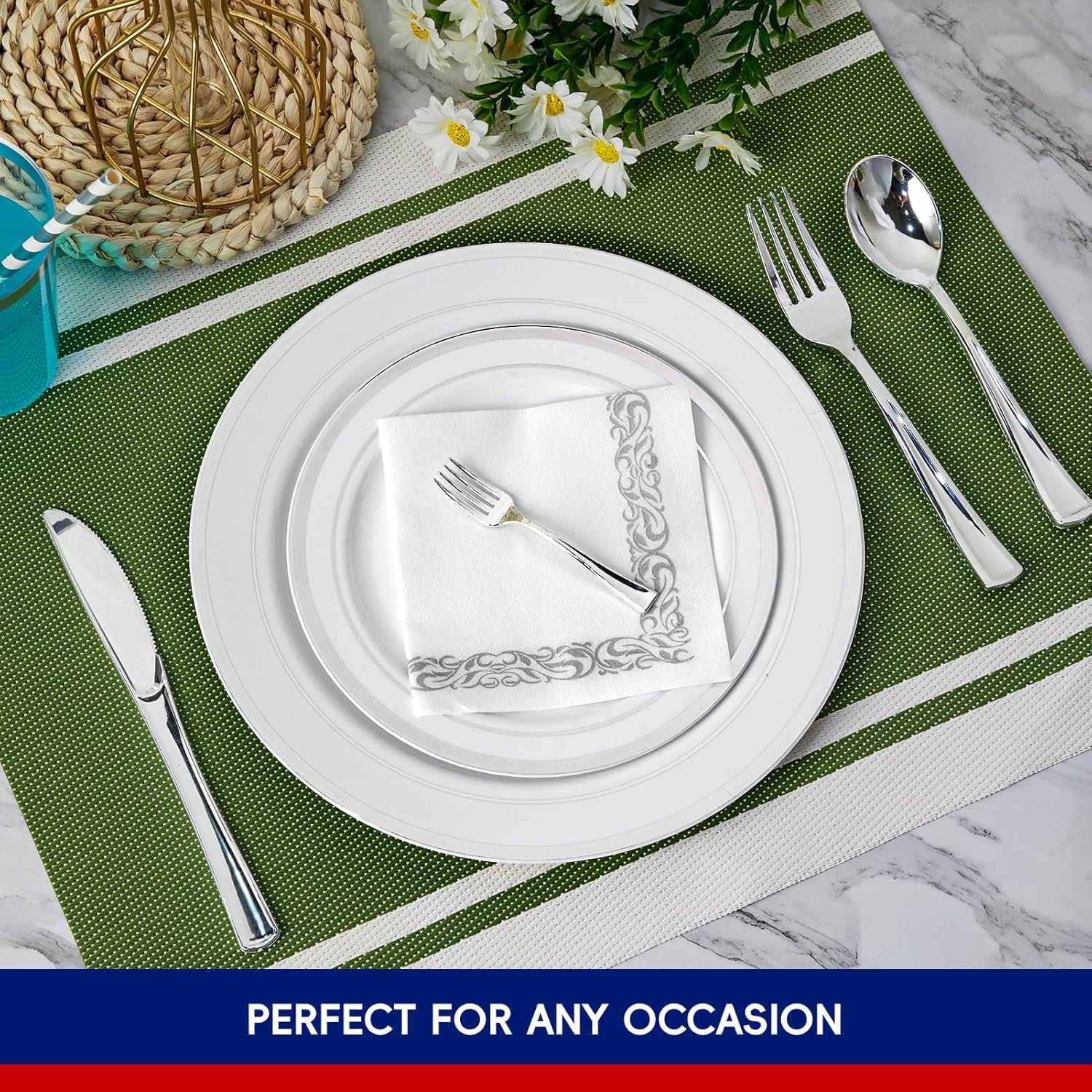 250 Count Silver Disposable Plastic Dinnerware Set, 50 Silver Plastic Plates, 25 Plastic Silverware, 25 Silver Cups and Straws, 50 Napkins, Perfect for Wedding Party - Image 5