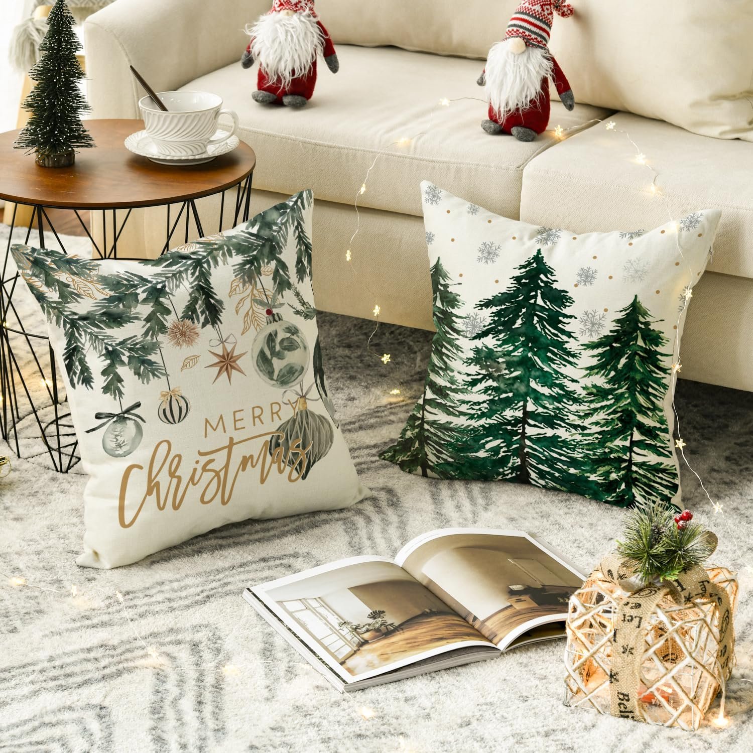 AVOIN colorlife Merry Christmas Trees Snowflake Throw Pillow Covers, 18 x 18 Inch Joy Xmas Balls Winter Holiday Cushion Case Decoration for Sofa Couch Set of 4 - Image 5