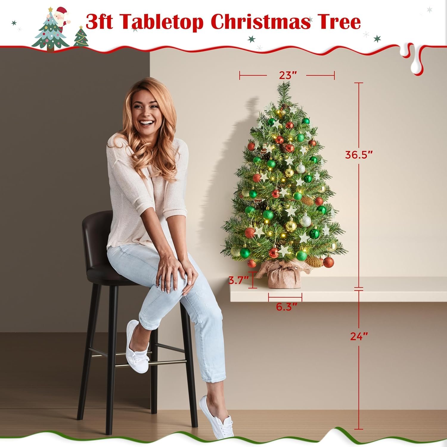 Yaheetech 2Pcs Pre-lit Artificial Mini Christmas Tree, 3ft Tabletop Small Xmas Tree w/20 Pinecones, 50 Warm White LED Lights, Cement Base, Battery-Operated Christmas Tree for Home Party Decor, Green - Image 5