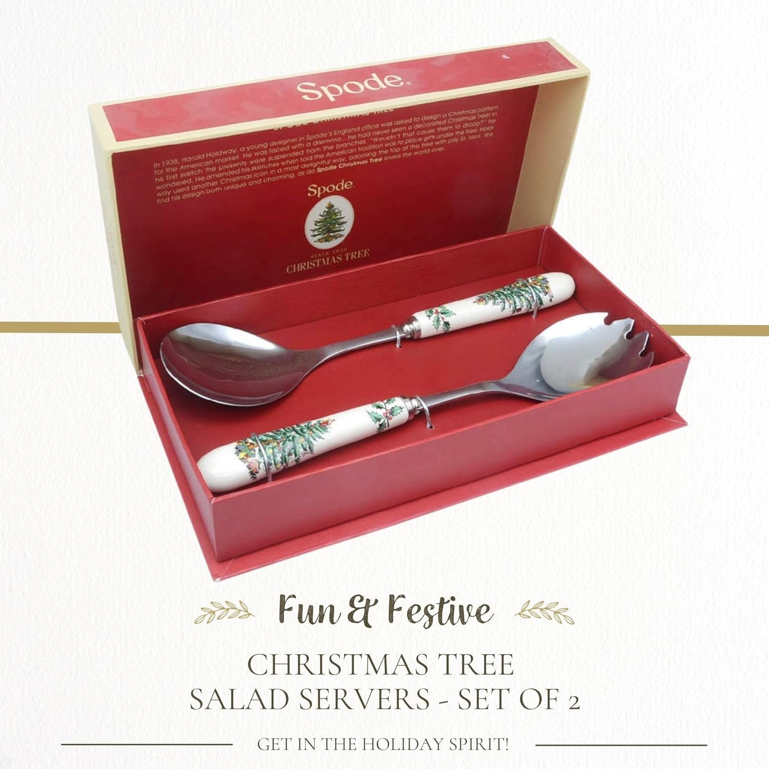 Portmeirion Christmas Tree Salad Server Set (2-Piece) - 10 Inch Stainless Steel with Porcelain Handles, Festive Flatware for Holiday Dining - Dishwasher Safe, Seasonal Entertaining & Gift-Giving - Image 3