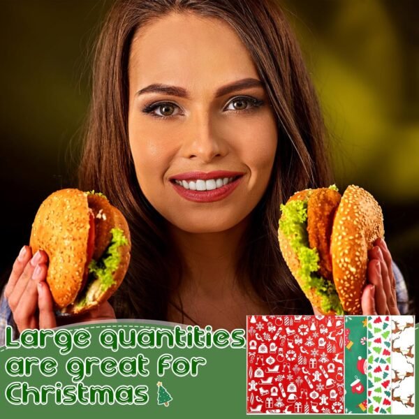 Spakon 400 Sheet Christmas Wax Paper for Food Wrapping 12 x 12 Inch 4 Styles Xmas Deli Paper Xmas Burgers Sandwich Wrap Print Deli Paper Basket Liners for Home Baking Gift Holiday Party Supplies - Image 8