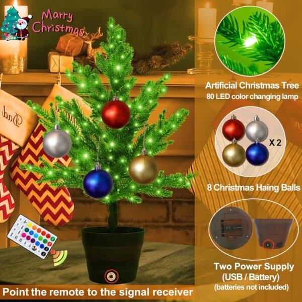 18 Colors Artificial Mini Christmas Tree, 20In Lighted Tabletop Xmas Tree with Color Changing LED Lights, Pre-Lit Small Christmas Tree in Pot Remote Timer Festive Party Holiday Fake Multicolored Tree - Image 4