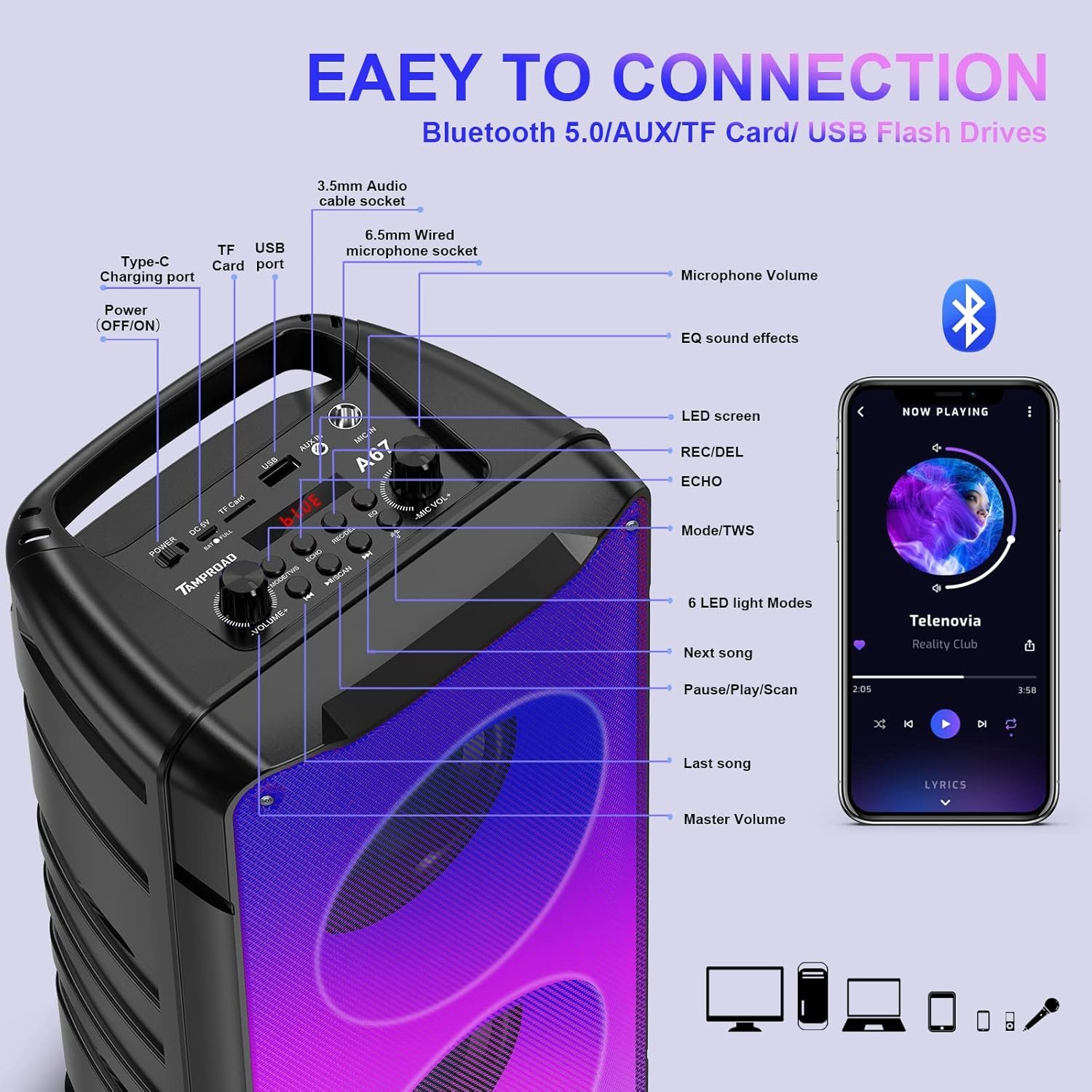 Bluetooth Speakers, 60W(80W Peak) Portable Loud Wireless Stereo Speaker with Rich Bass, Bluetooth 5.0, FM Radio, Colorful Light, TWS Pairing, EQ, 10000mAh Battery, Outdoor Speaker for Home Party Gift - Image 6