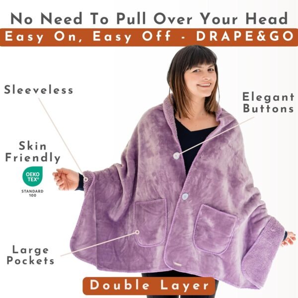 Premium Double Layer Wearable Blanket for Women -No Sleeves- Shawl Wrap with Pockets- Mothers Day Gifts - Grandma Gifts (Velvet Lavender) - Image 3
