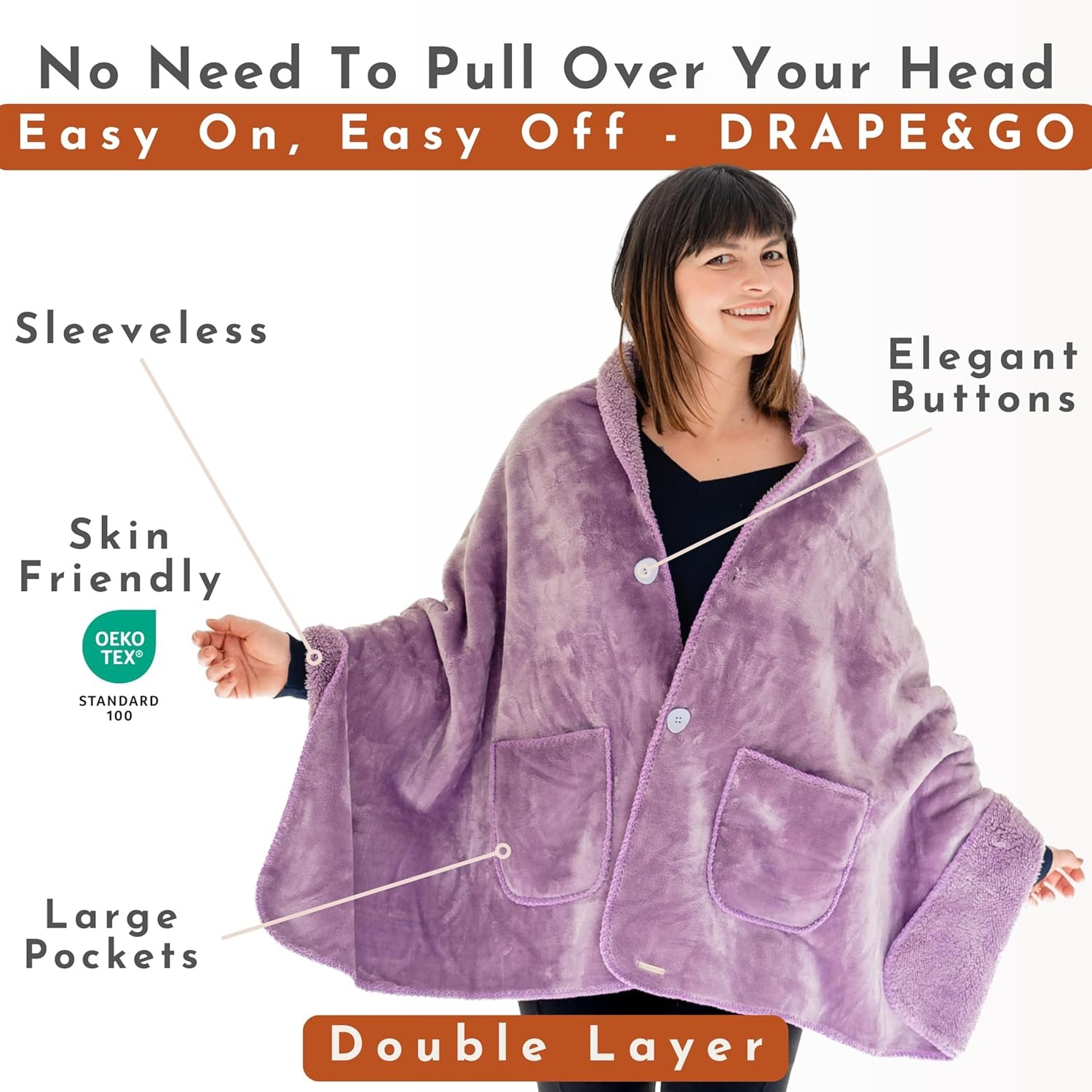 Premium Double Layer Wearable Blanket for Women -No Sleeves- Shawl Wrap with Pockets- Mothers Day Gifts - Grandma Gifts (Velvet Lavender) - Image 3