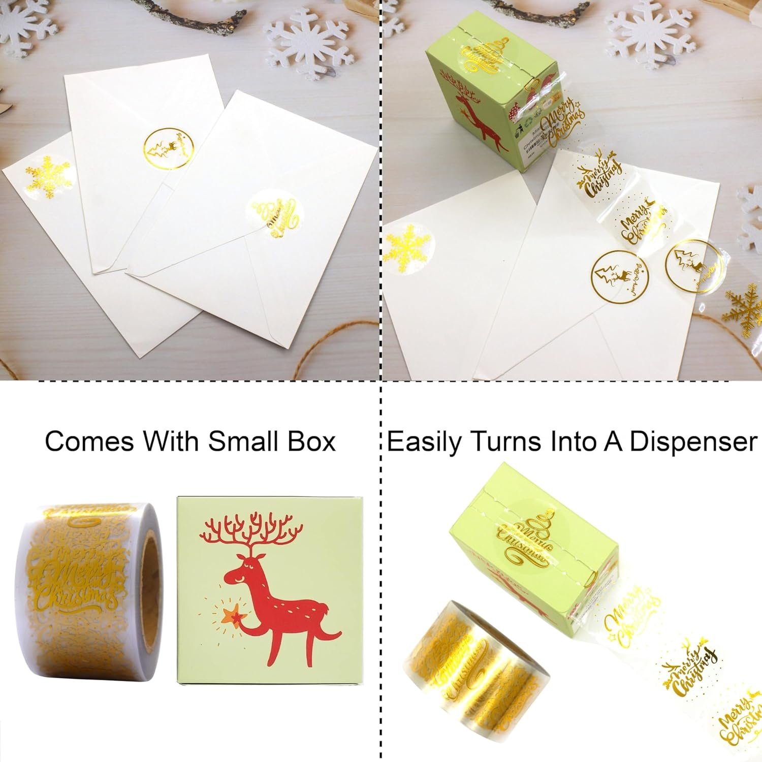 1.5 Inches/600 Christmas Stickers, 6 Clear Gold Foil Designs Merry Christmas Stickers Snowflake Stickers for Christmas Decorations Envelopes Cards Sealing Craft Decor - Image 5