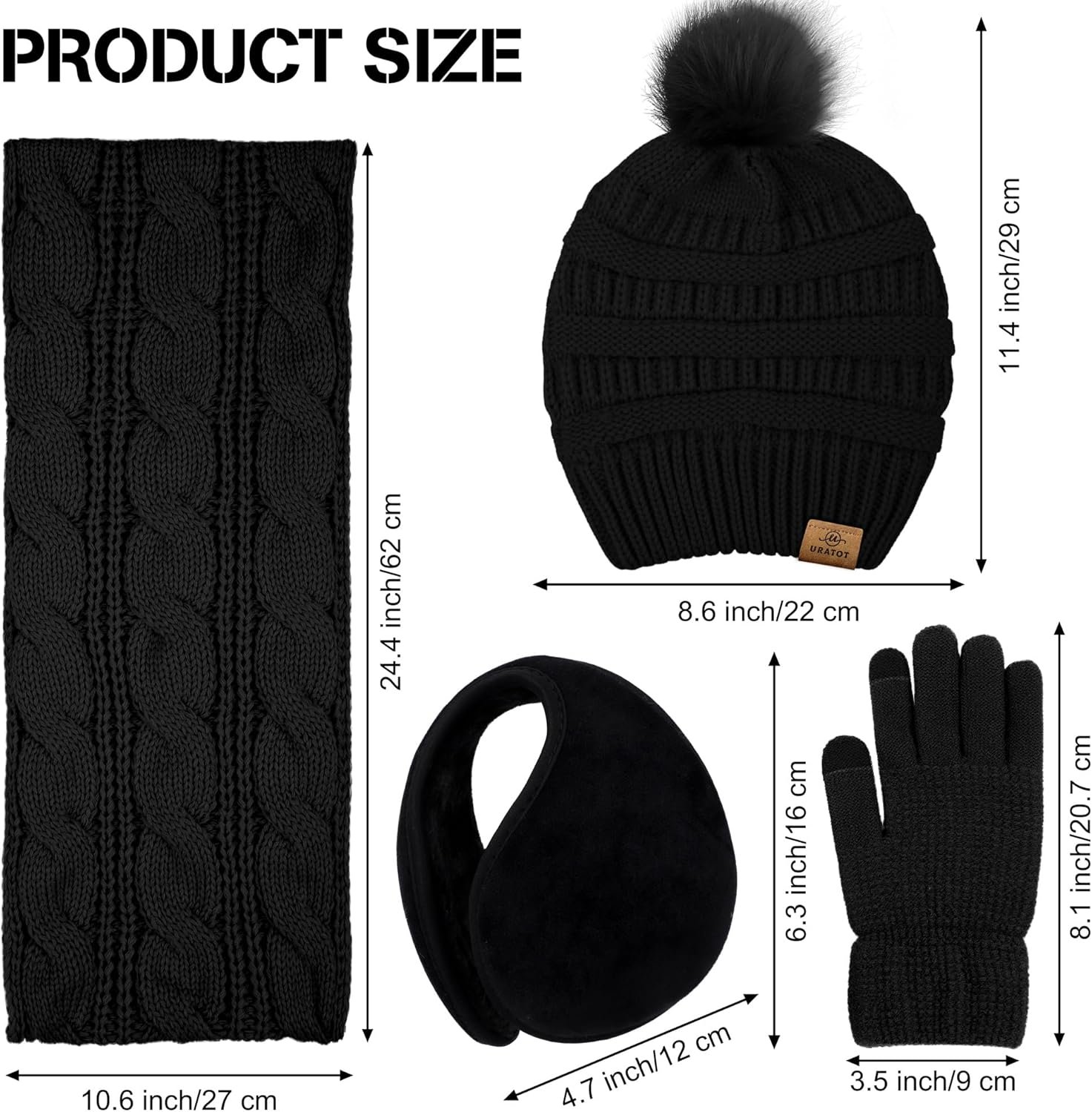URATOT 4-In-1 Winter Warm Sets Knitted Scarf Touch Screen Gloves Beanie Pompom Hat and Winter Ear Warmer for Men or Women - Image 3