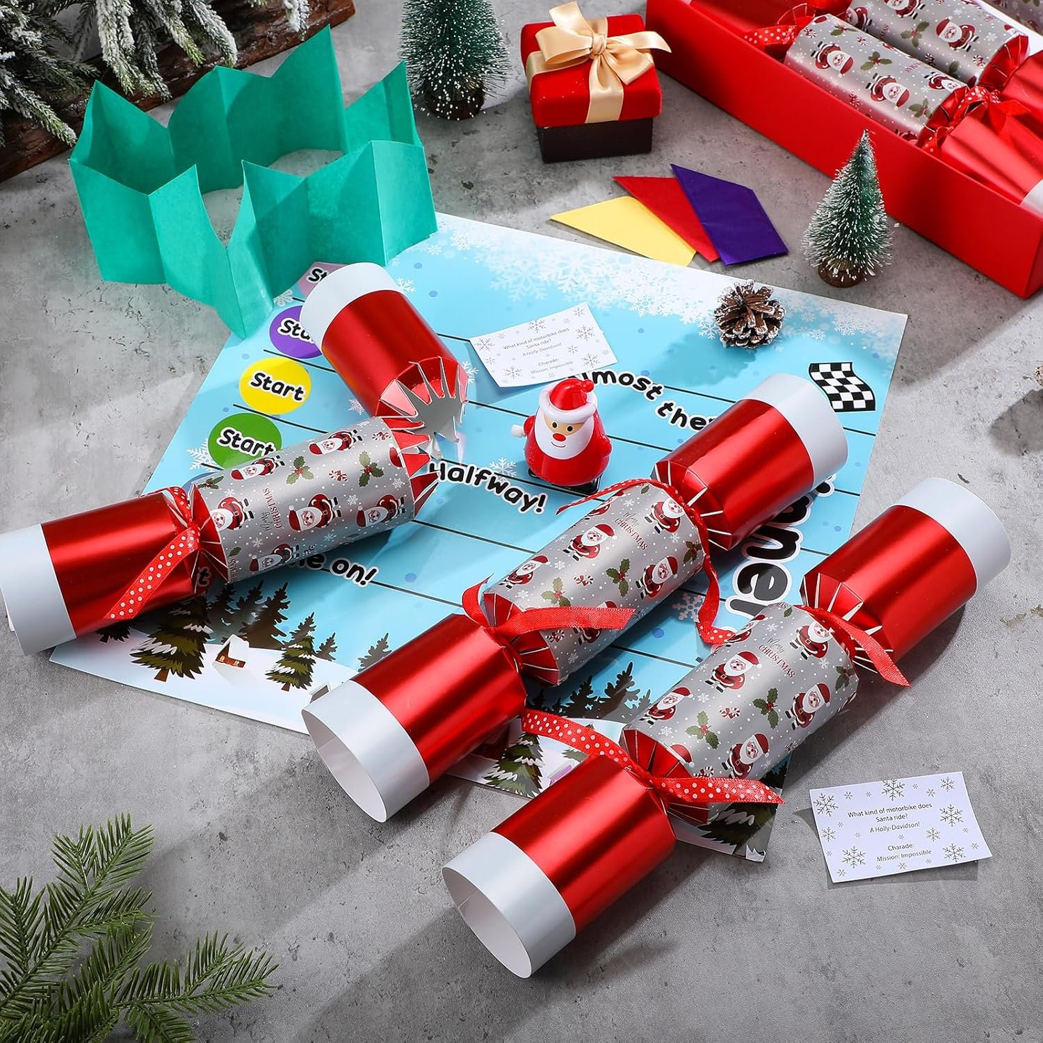 6 Packs Christmas Party Table Favors Christmas No Snap Party Favors Christmas Crackers with Wind up Toy Paper Hat Xmas Holiday Table Favor Supplies Xmas Racing Game for Adults (Santa) - Image 6