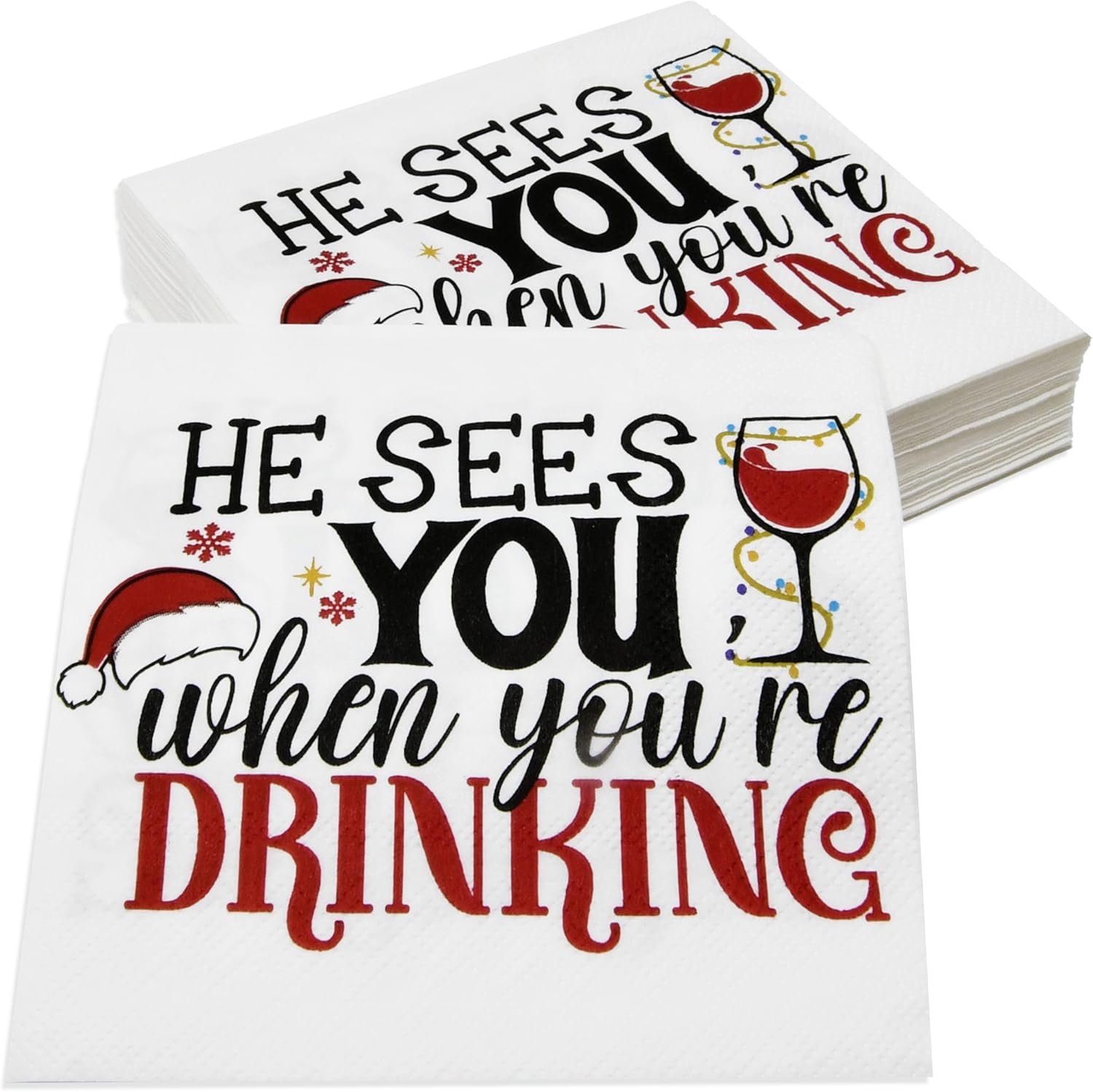 100 Count Christmas Funny Cocktail Beverage Napkins Holiday Disposable Paper Napkin He Sees You When You're Drinking Dessert Napkins for Home Dinner Buffet Xmas Tableware Party Supplies Decorations - Image 5
