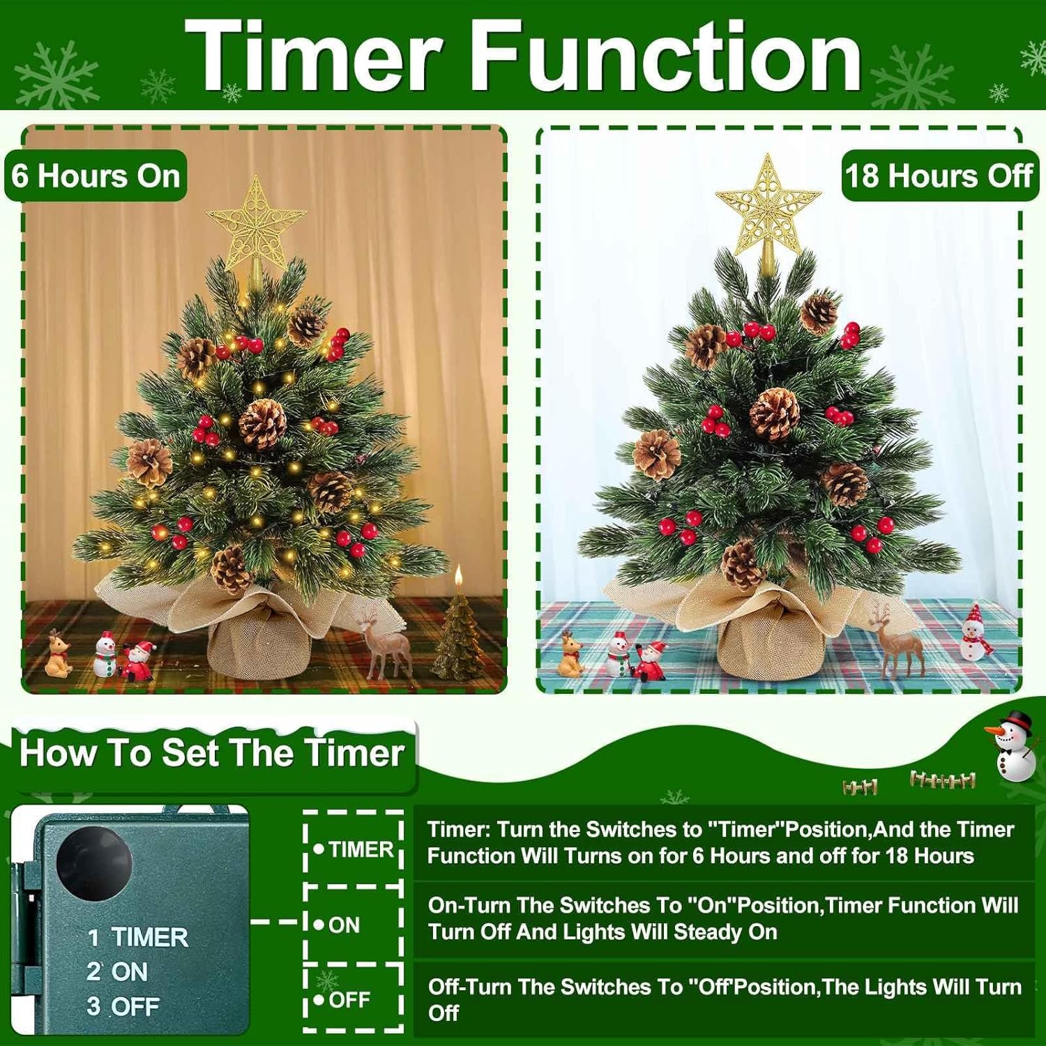 2 Pack 18 Inch Realistic-Feel PE Tabletop Christmas Tree 60 Warm Lights with Timer Battery Operated Cedar Norfolk PE Pine Spruce Mini Small Christmas Tree Red Berry Pinecone Star Xmas Christmas Decor - Image 3